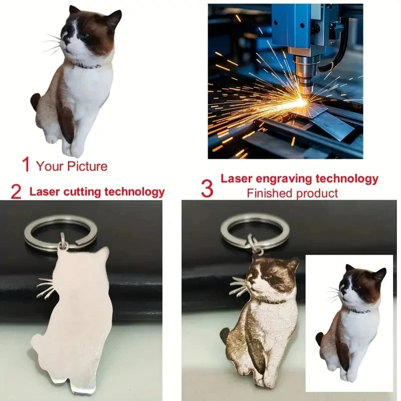 Customized Engraved Cat Dog Photo Pet Portrait Pendant Key Chain Stainless Steel Personalized Family Jewelry Key Ring Gifts